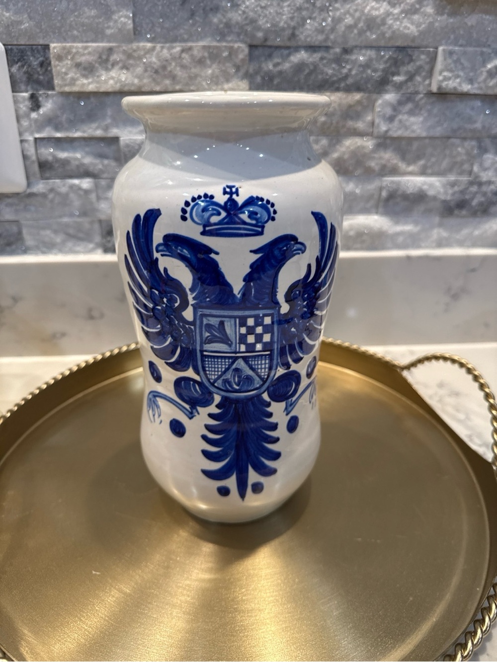 Vintage Sanguino Toledo Blue and White Pottery Vase 10” Signed